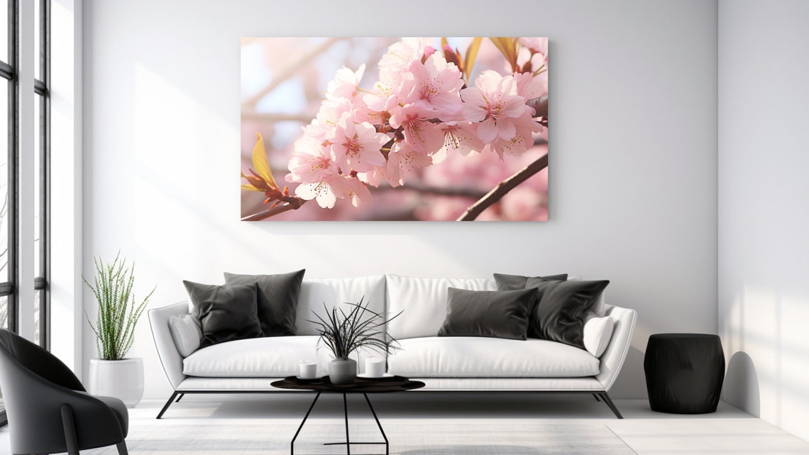 Pink Cherry Blossom Branch Close Up Soft Spring Light Floral Print