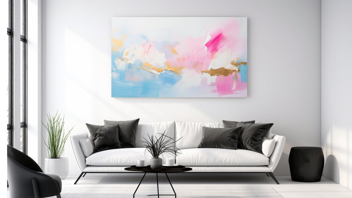 Pastel Pink Blue Gold Abstract Painting Soft Modern Luxury Wall Art