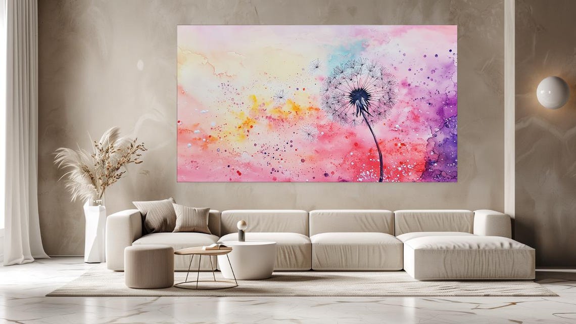 Colorful Dandelion Watercolor Pink Purple Splashes Floral Wall Art