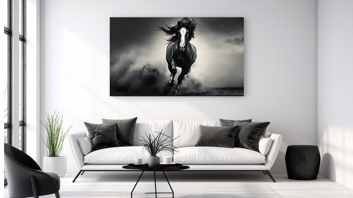 Black Horse Running Wild Dramatic Black And White Equine Poster