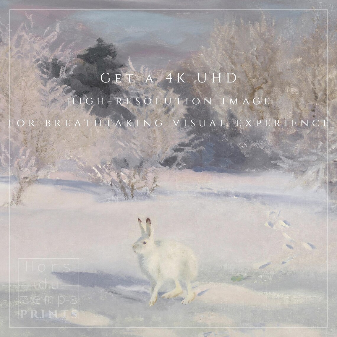 White Hare in Snowy Clearing Frosted Bushes Vintage Winter Painting Poster - Image 2
