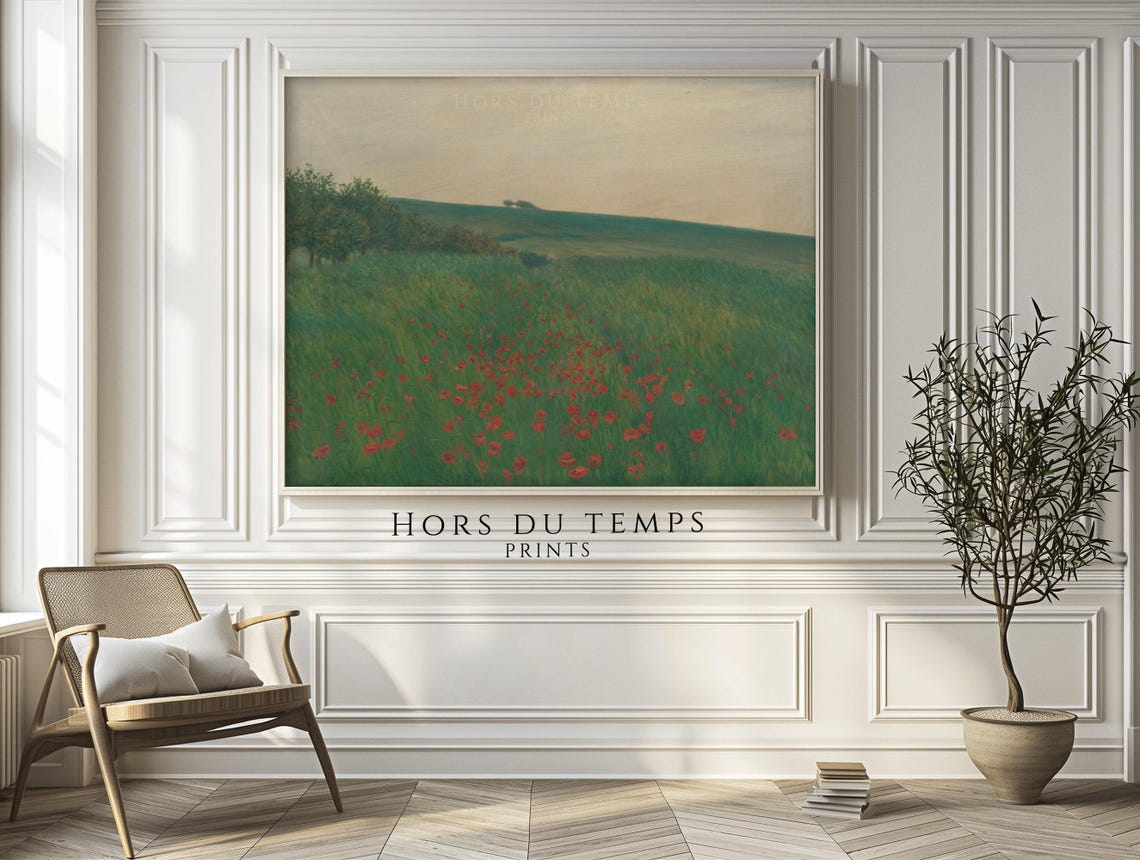 Vintage Red Poppies Green Hillside Wildflower Meadow Painting Poster - Image 2