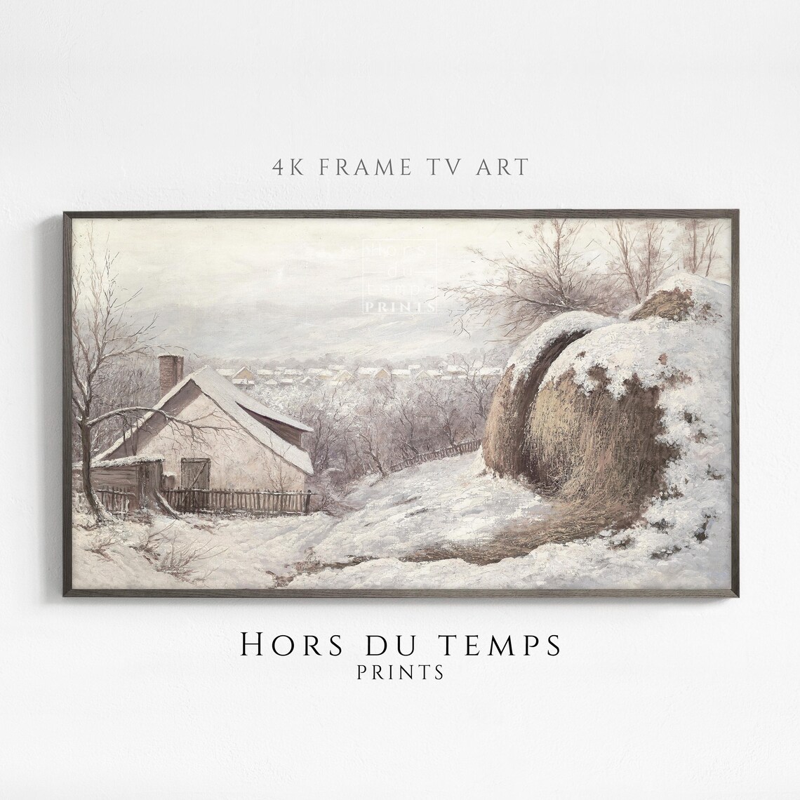 Snowy Farmhouse With Haystacks Winter Village Vintage Painting Poster