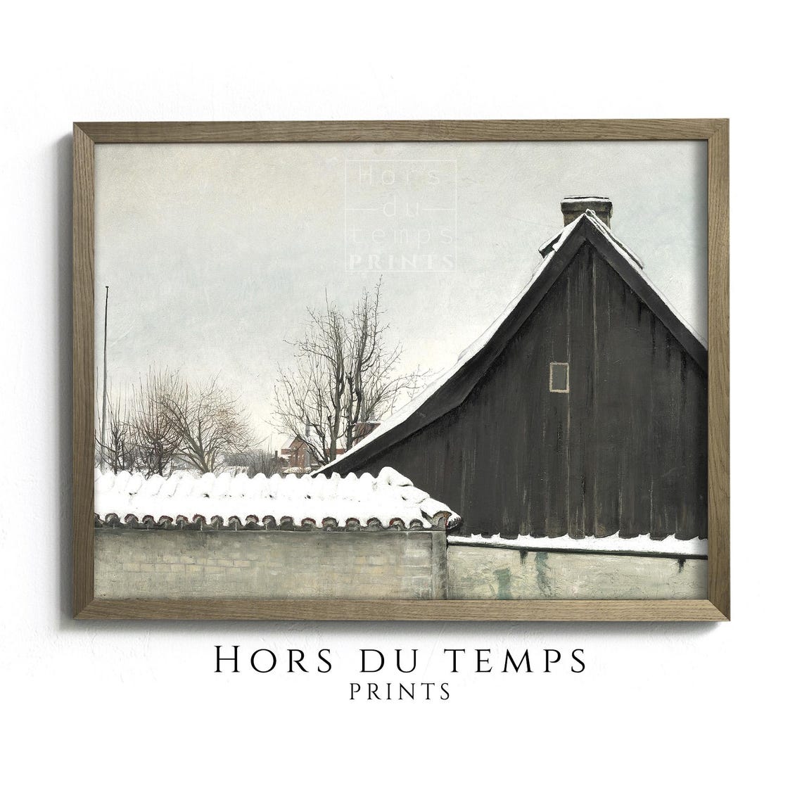 Dark Wooden Barn Roof in Snow Minimalist Winter Painting Poster