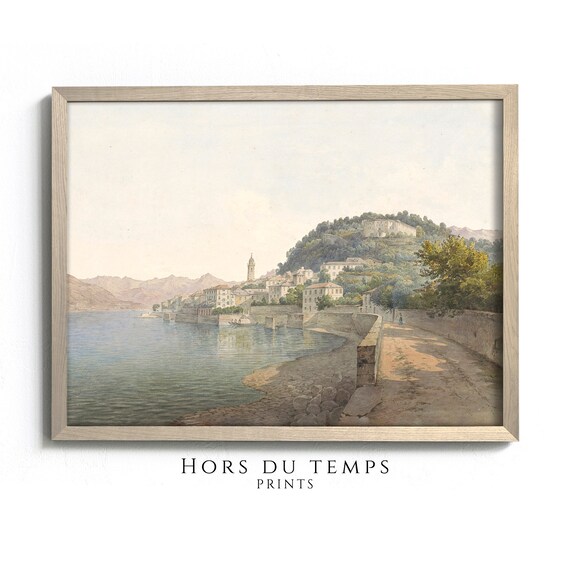Lakeside Italian Town Church Tower Hillside Soft Watercolor Painting Poster