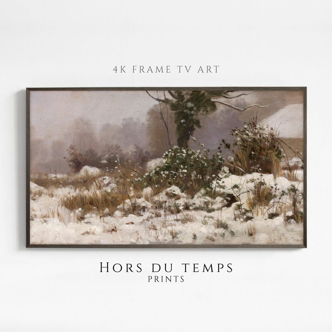 Snowy Bushes and Trees in a Misty Field Winter Study Vintage Poster