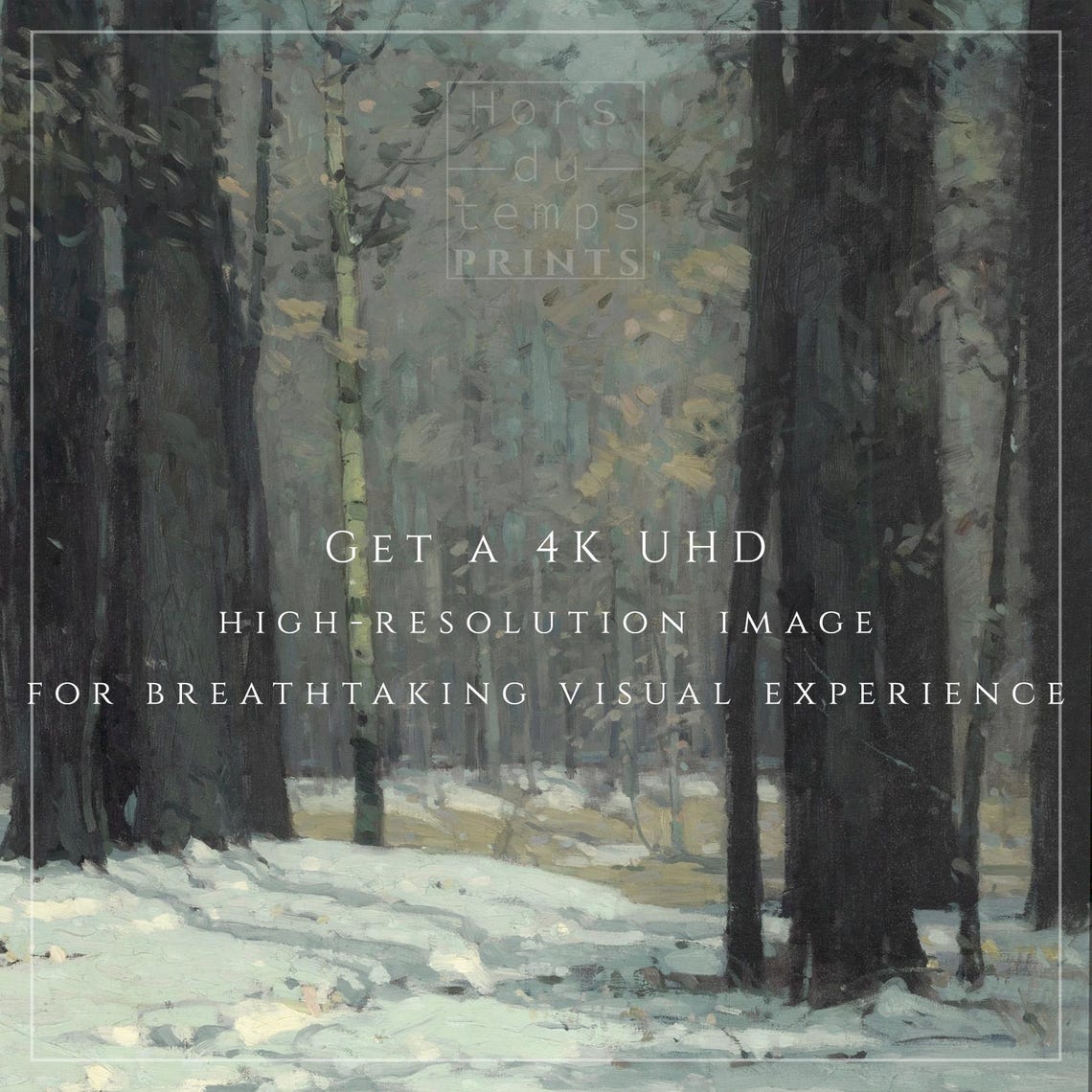 Dark Tall Trees in Snowy Forest Moody Winter Woodland Painting Poster - Image 2