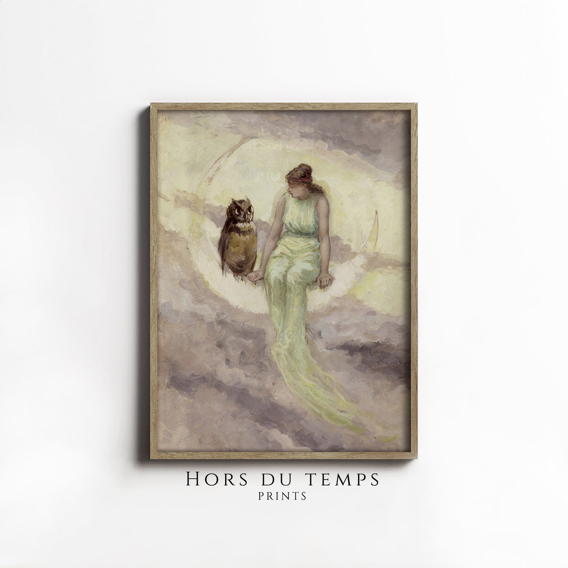 Girl Sitting on the Crescent Moon with an Owl Dreamy Fantasy Poster