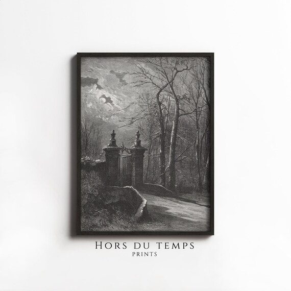 Graveyard Gate Under the Full Moon Vintage Engraving Halloween Poster