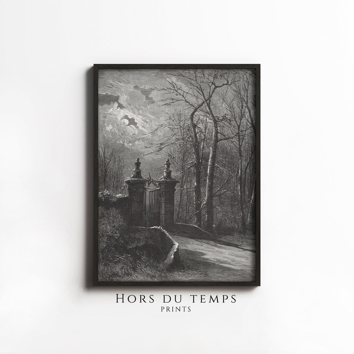 Graveyard Gate Under the Full Moon Vintage Engraving Halloween Poster