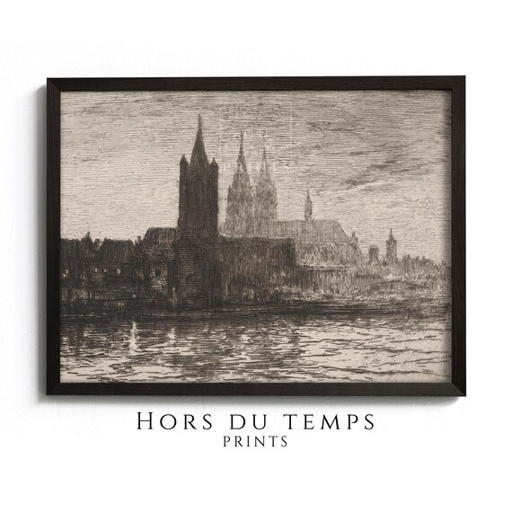 Gothic Cathedral by River Dark Etching Vintage Cityscape Poster