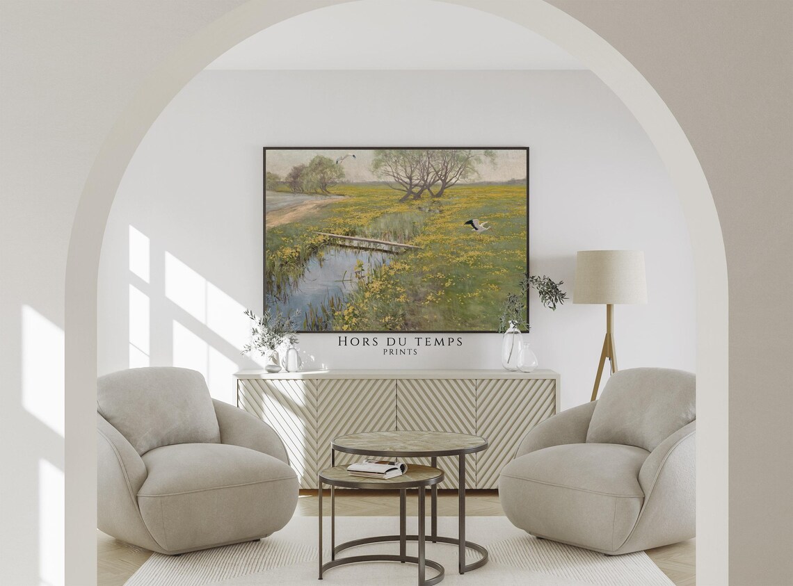 White Storks Spring Marsh Marigolds Country River Vintage Painting Poster - Image 3
