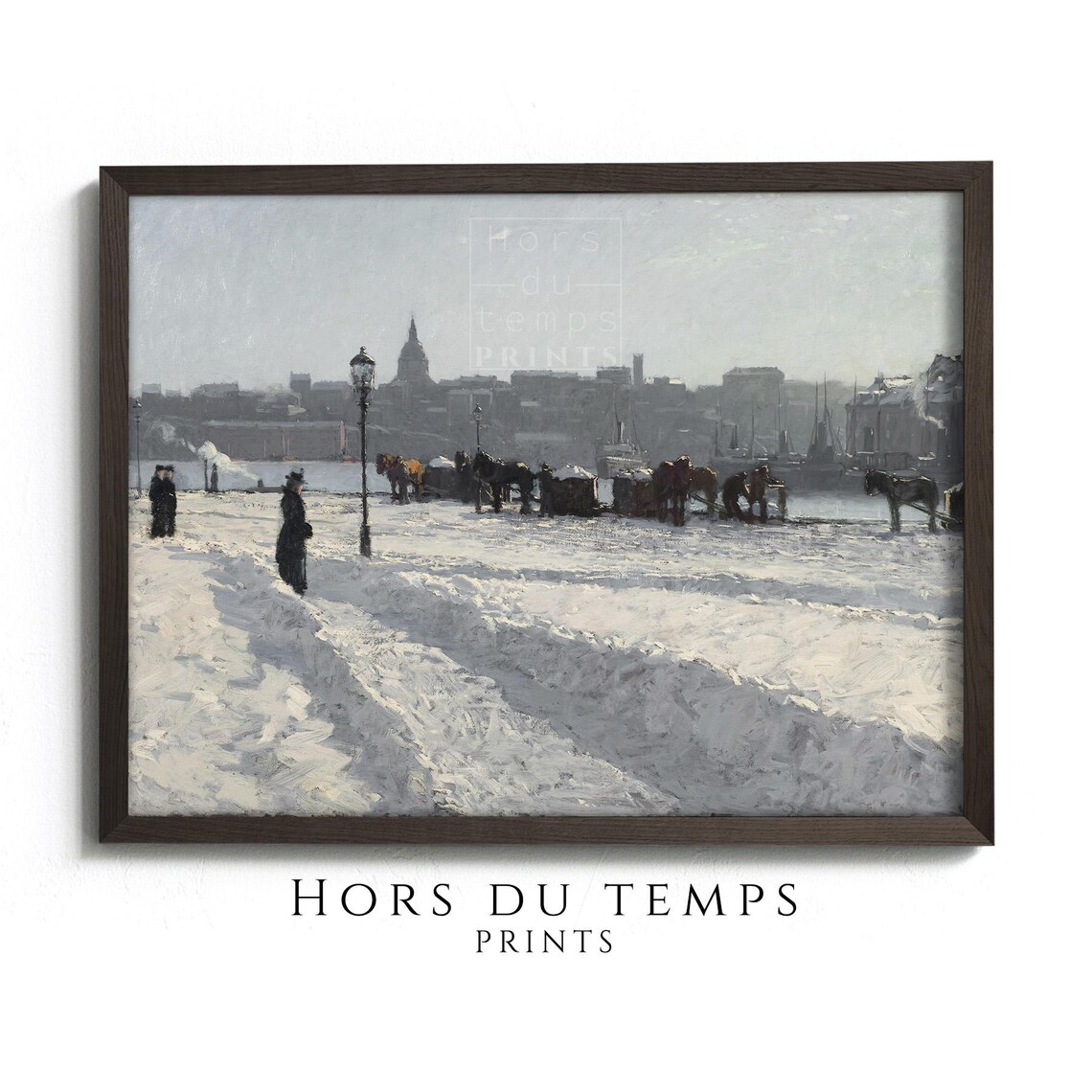 Snowy Harbor Quay with Horse Drawn Wagons Vintage Winter Poster