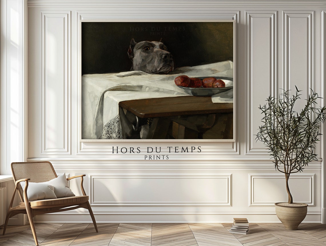 Hungry Mastiff Dog Eyeing Sausages Still Life Painting Poster - Image 2