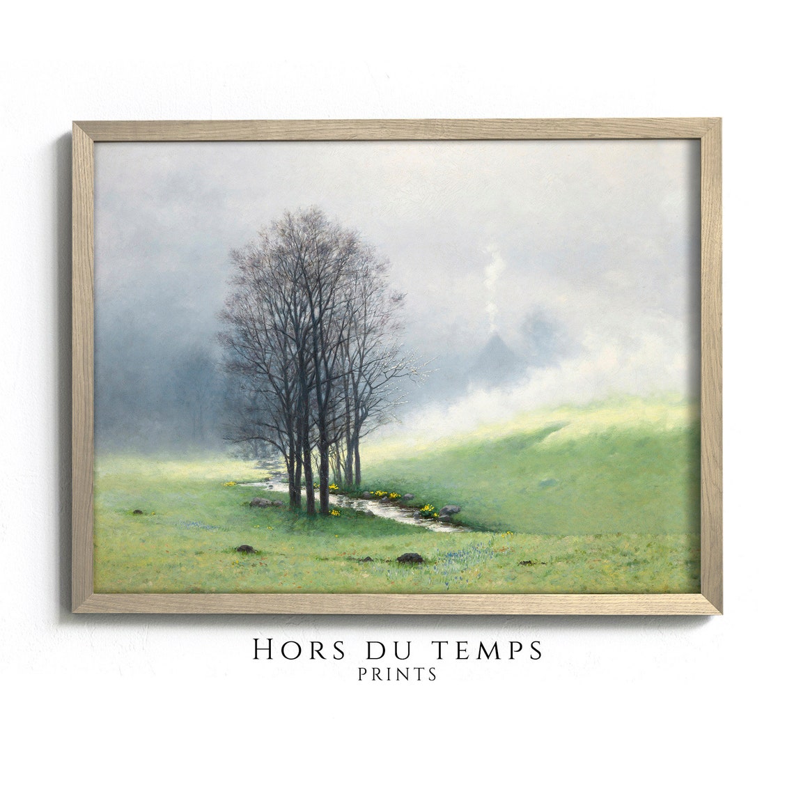 Misty Spring Morning Stream Bare Trees Wildflower Meadow Art Poster