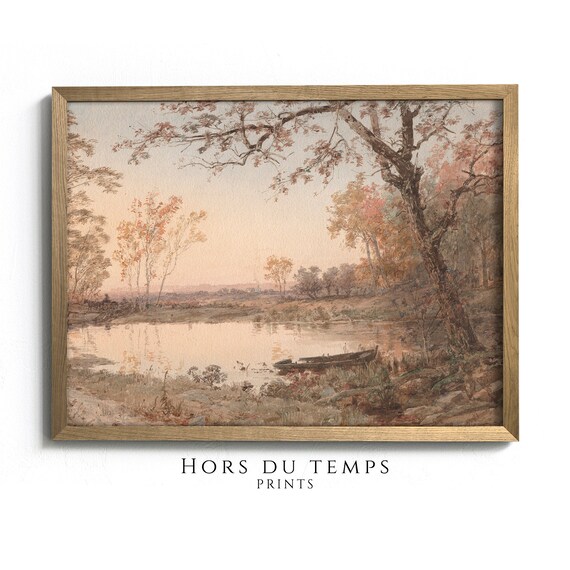 Autumn River Sunset Rowboat Vintage Watercolor Landscape Painting Poster
