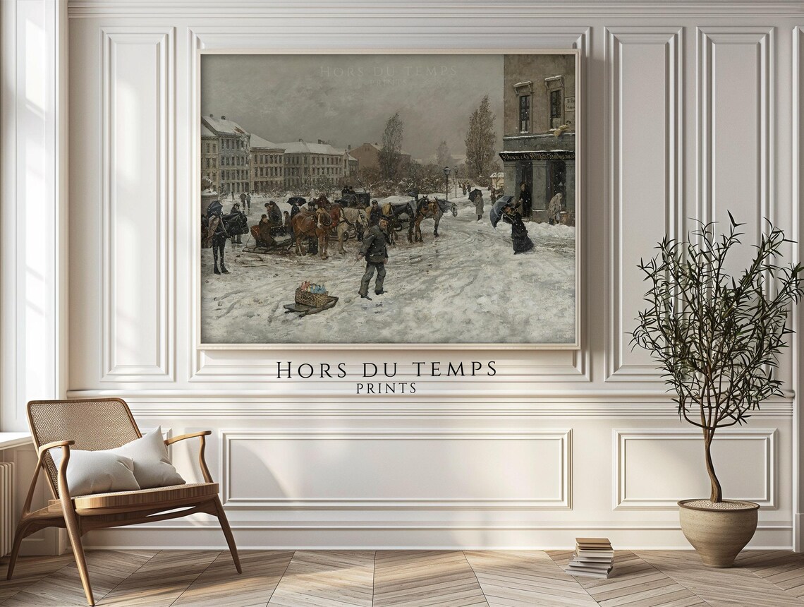 Busy Snowy City Street with Horses and Sleds Vintage Winter Scene Poster - Image 2