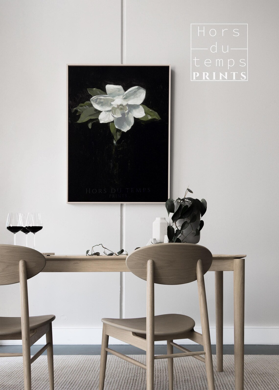 White Magnolia Blossom Black Background Vintage Floral Painting Wall Art - Image 2