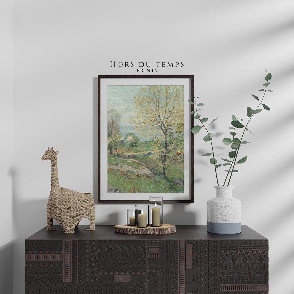 White Blossom Tree Green Meadow Vintage Spring Landscape Poster - Image 2