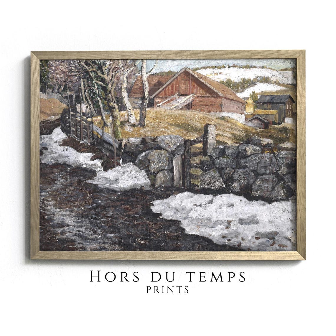 Rustic Farmhouse Red Barn Stone Wall Spring Thaw Vintage Art Poster