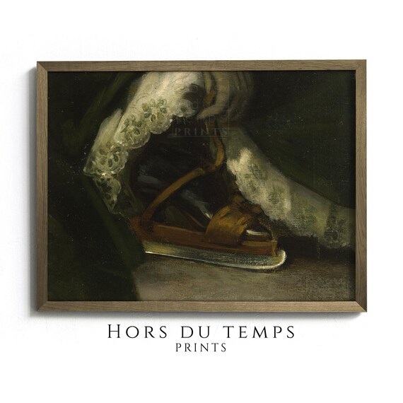 Vintage Ice Skate Still Life Moody Dark Green Antique Oil Painting Poster