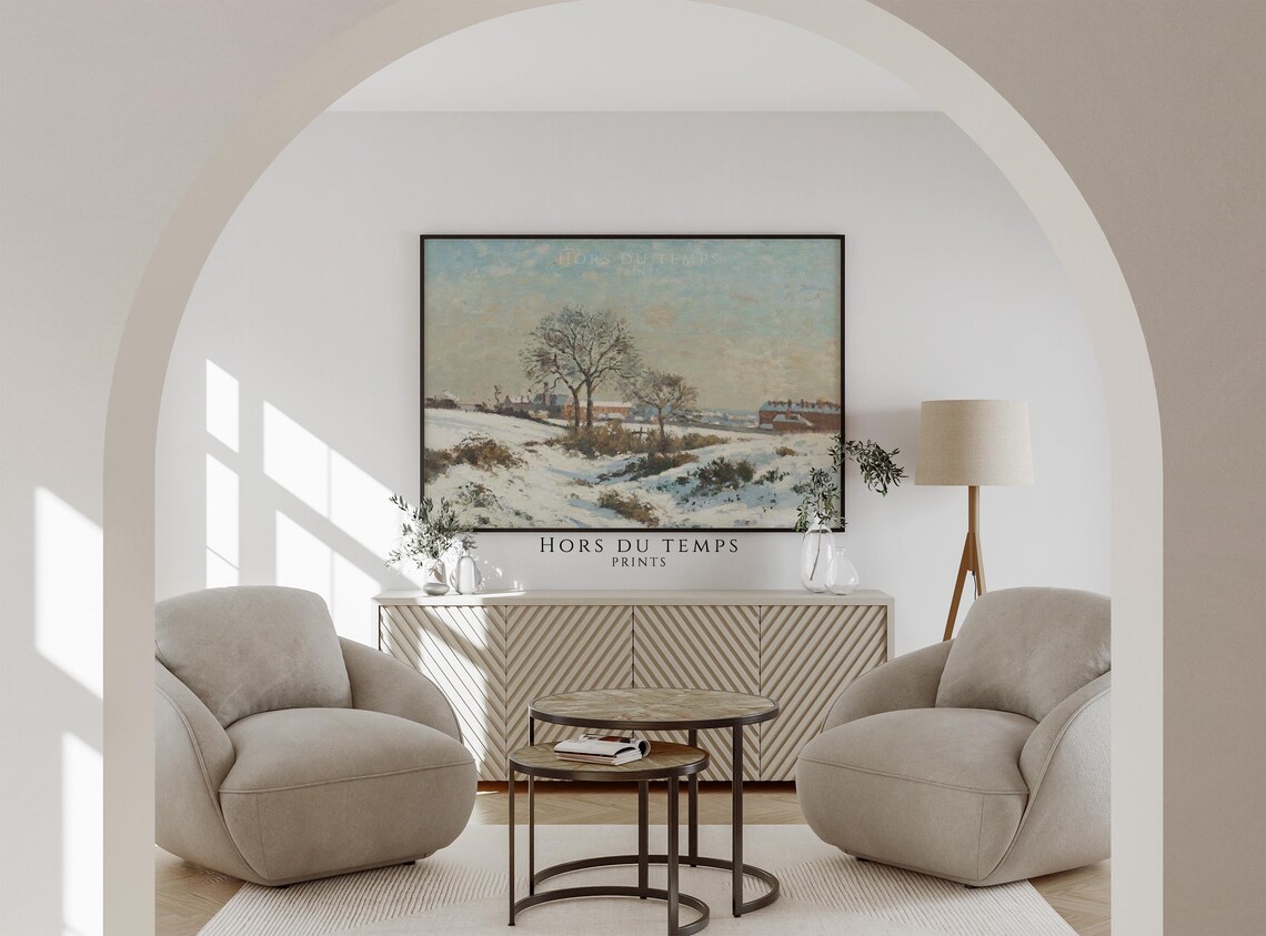 Snowy Field Village Houses Pale Blue Sky Peaceful Winter Art Poster - Image 2