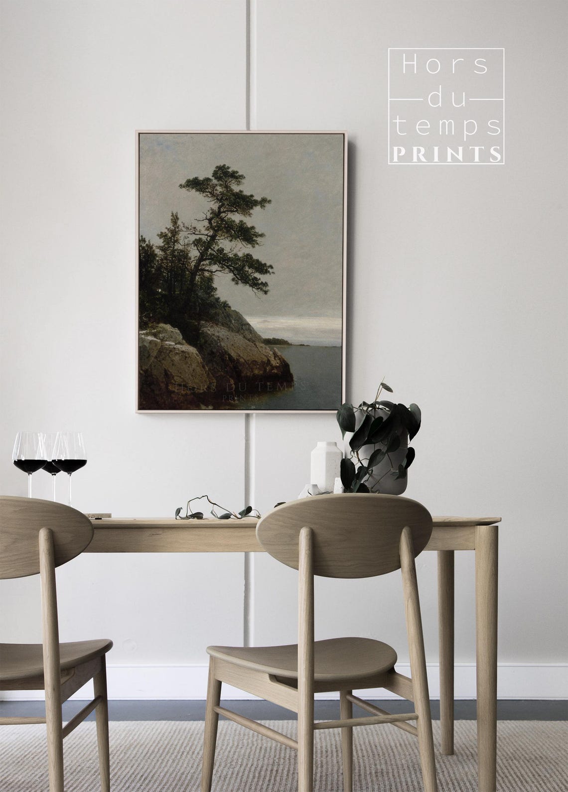 Pine Tree Rocky Coastal Cliff Calm Water Vintage Landscape Wall Art - Image 2
