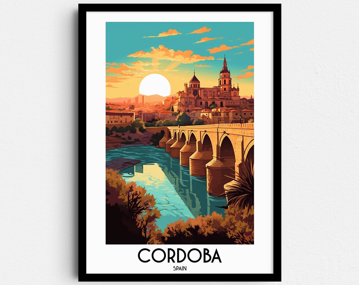 Cordoba Spain Roman Bridge Cathedral Sunset Vintage Travel Poster