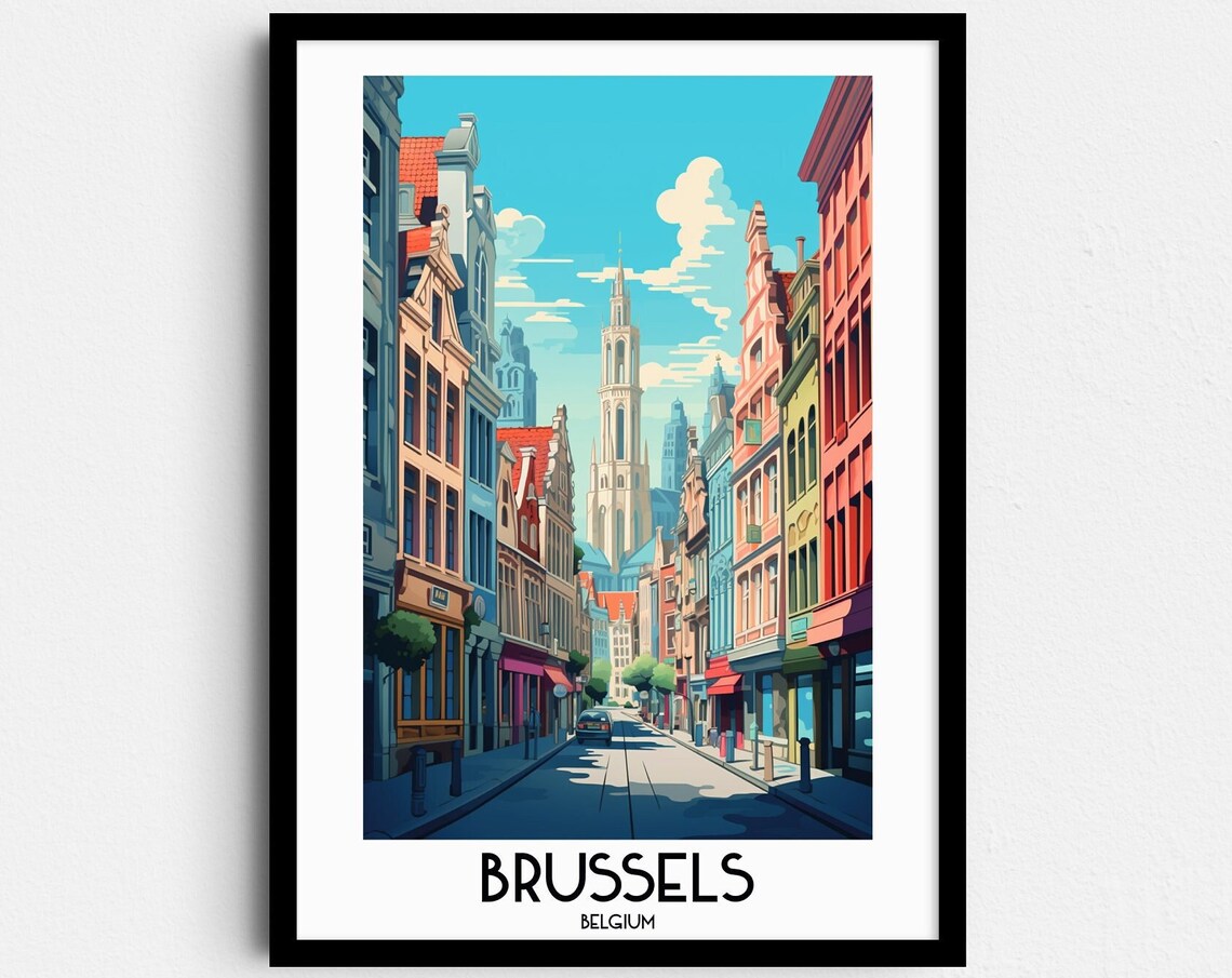 Brussels Belgium Historic Street Church Tower Vintage Travel Poster