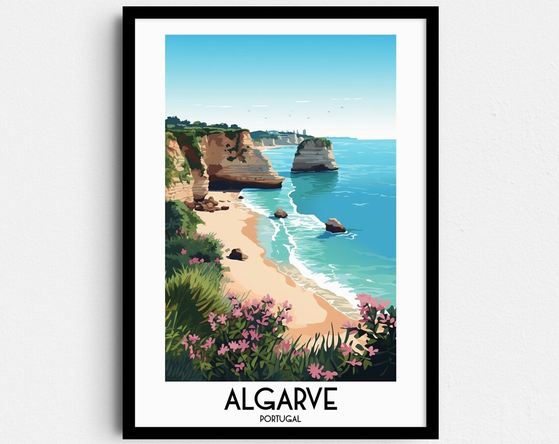 Algarve Portugal Golden Cliffs Beach Cove Vintage Travel Art Poster