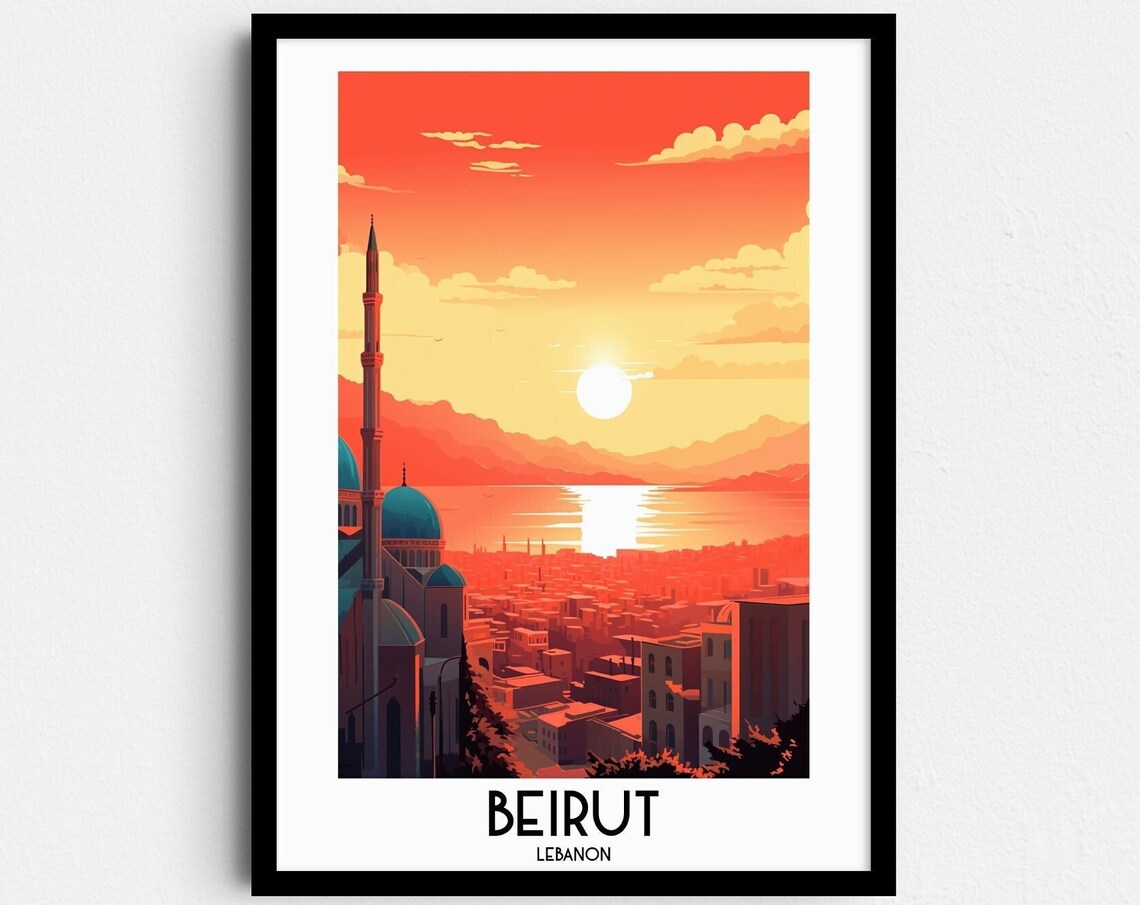 Beirut Lebanon Mosque Seaside Sunset Skyline Vintage Travel Poster