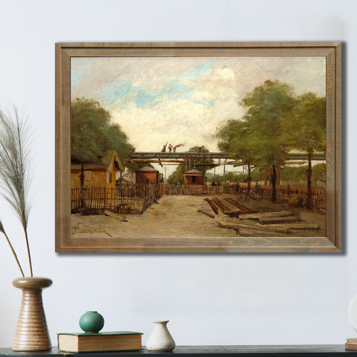 Vintage Oil Painting Railway Crossing Workers Timber Yard Art Poster - Image 3