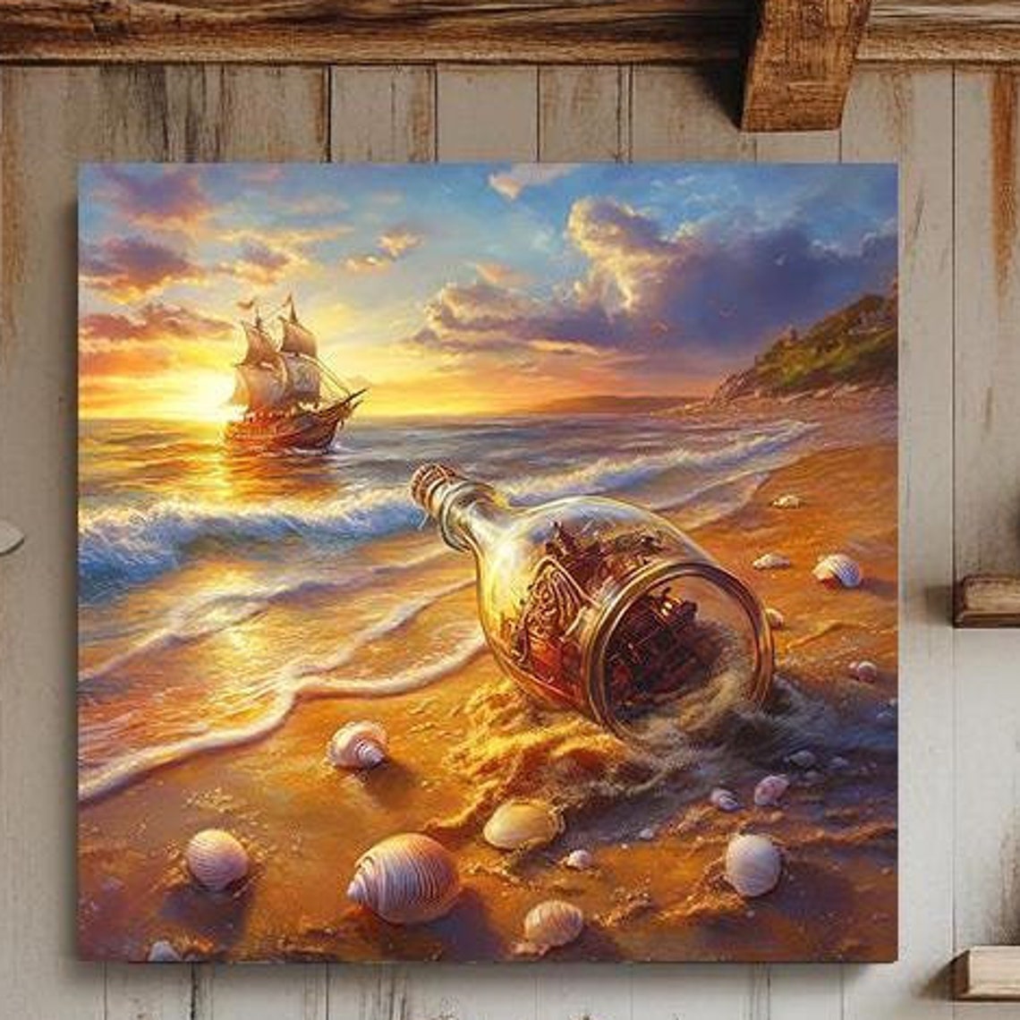 Ship in a Bottle Sunset Beach Seashells Nautical Scene Print