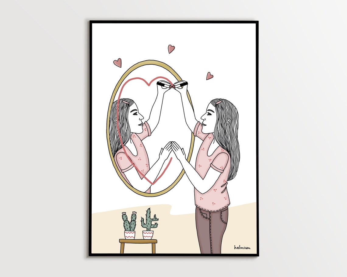 Woman Drawing Heart on Mirror With Lipstick Self Love Poster
