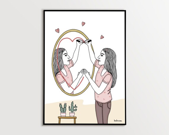 Woman Drawing Heart on Mirror With Lipstick Self Love Poster