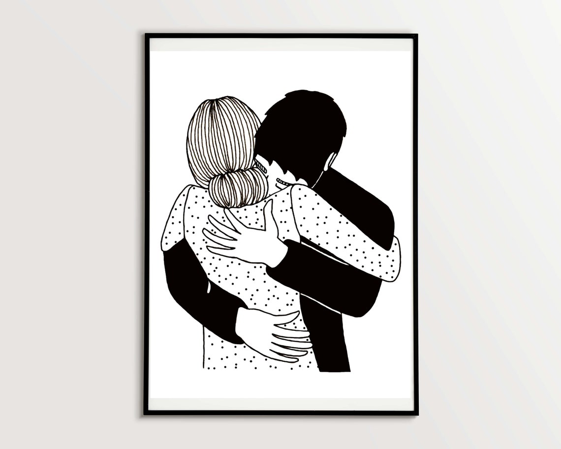 Couple Hugging From Behind Black and White Tender Embrace Poster