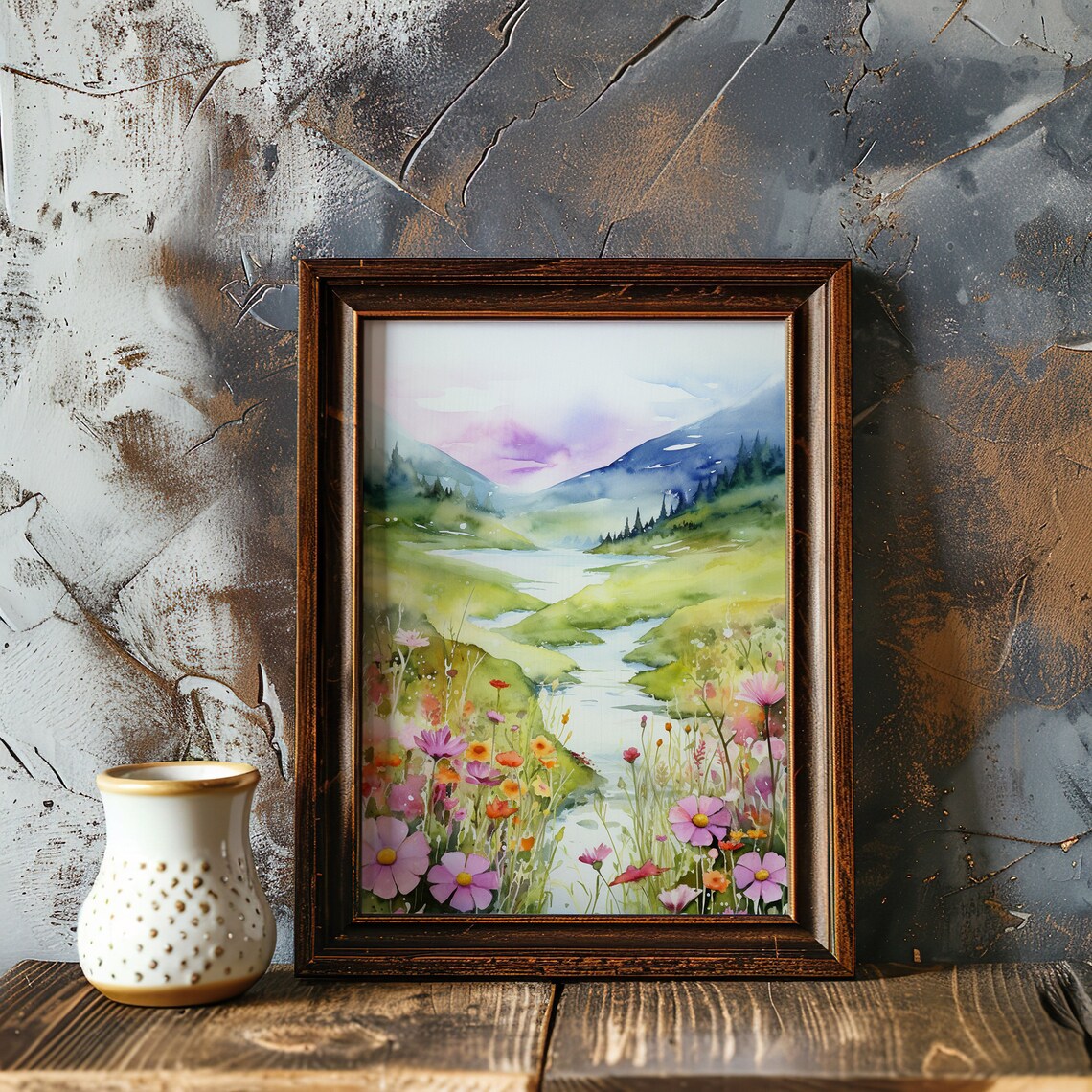 Wildflower River Valley Watercolor Painting Poster with Colorful Cosmos - Image 4