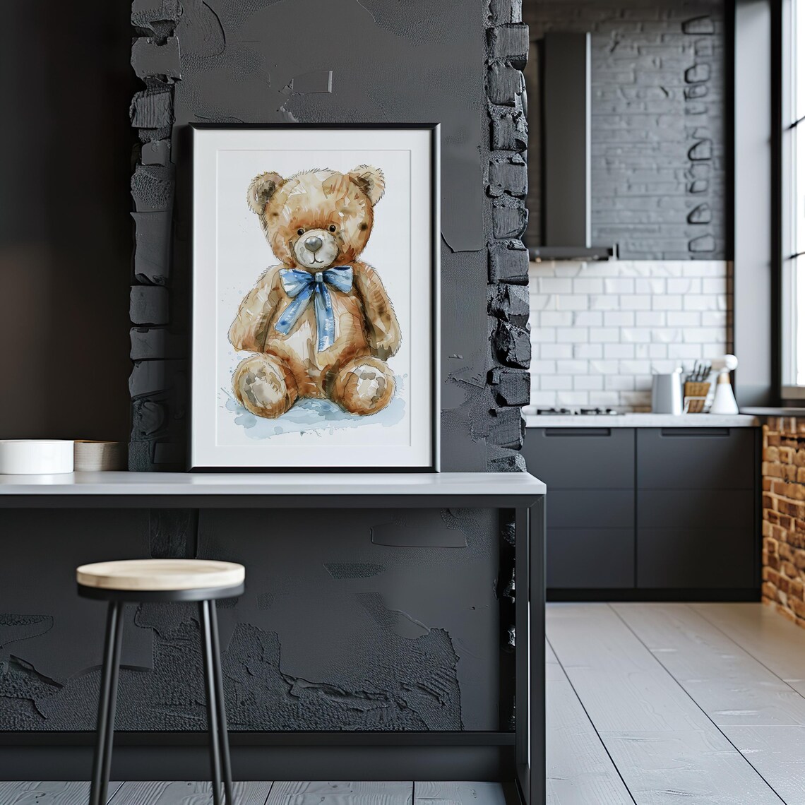 Teddy Bear Watercolor Blue Bow Nursery Baby Room Decor Art Poster - Image 5