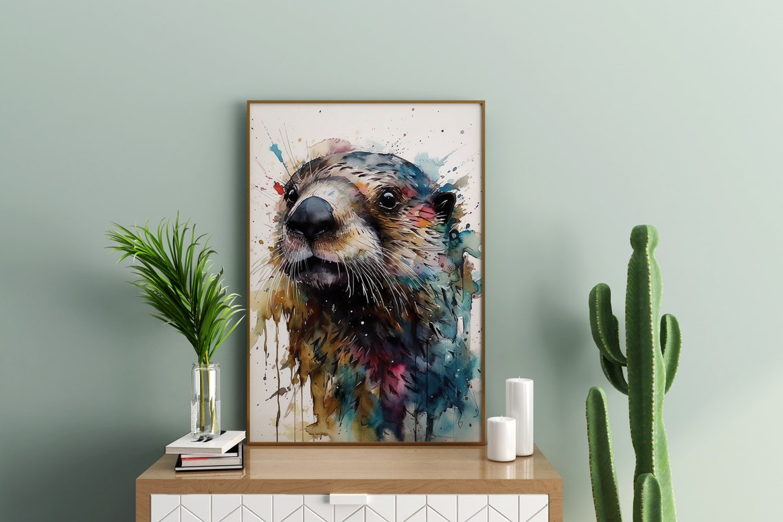 Otter Portrait Colorful Watercolor Art Playful Face Splash Poster - Image 3