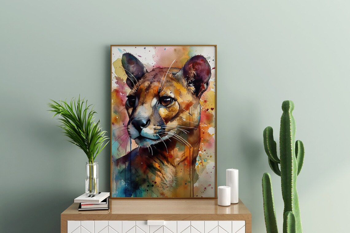 Cougar Colorful Watercolor Portrait Tawny Big Cat Splash Art Poster - Image 3