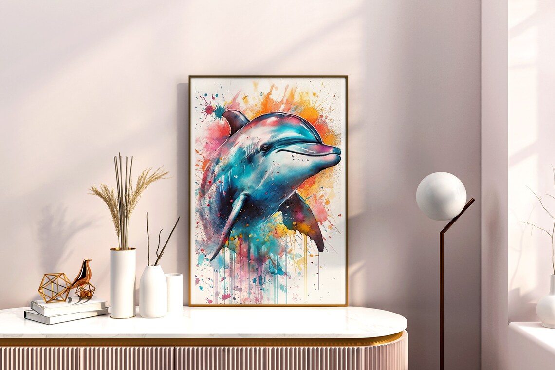 Dolphin Watercolor Portrait Leaping Ocean Marine Animal Art Poster - Image 4