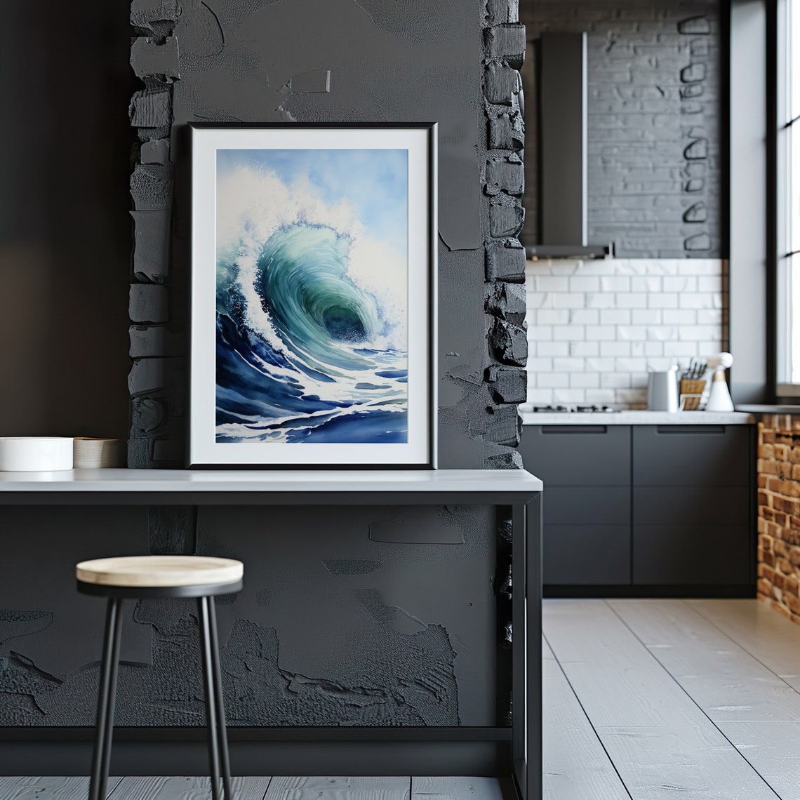 Curling Ocean Wave Watercolor Blue Green Sea Barrel Surf Poster - Image 3