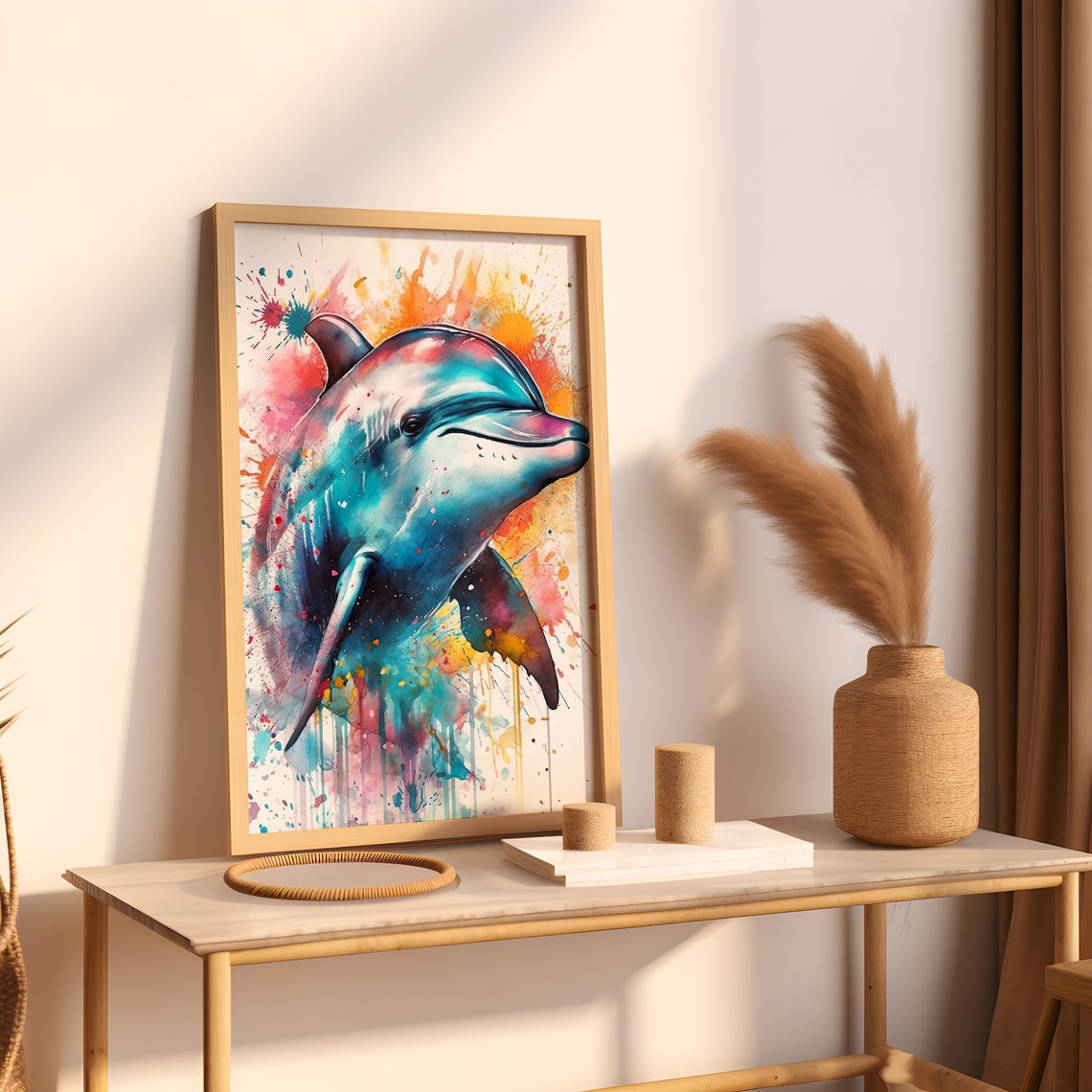 Dolphin Watercolor Portrait Leaping Ocean Marine Animal Art Poster - Image 3