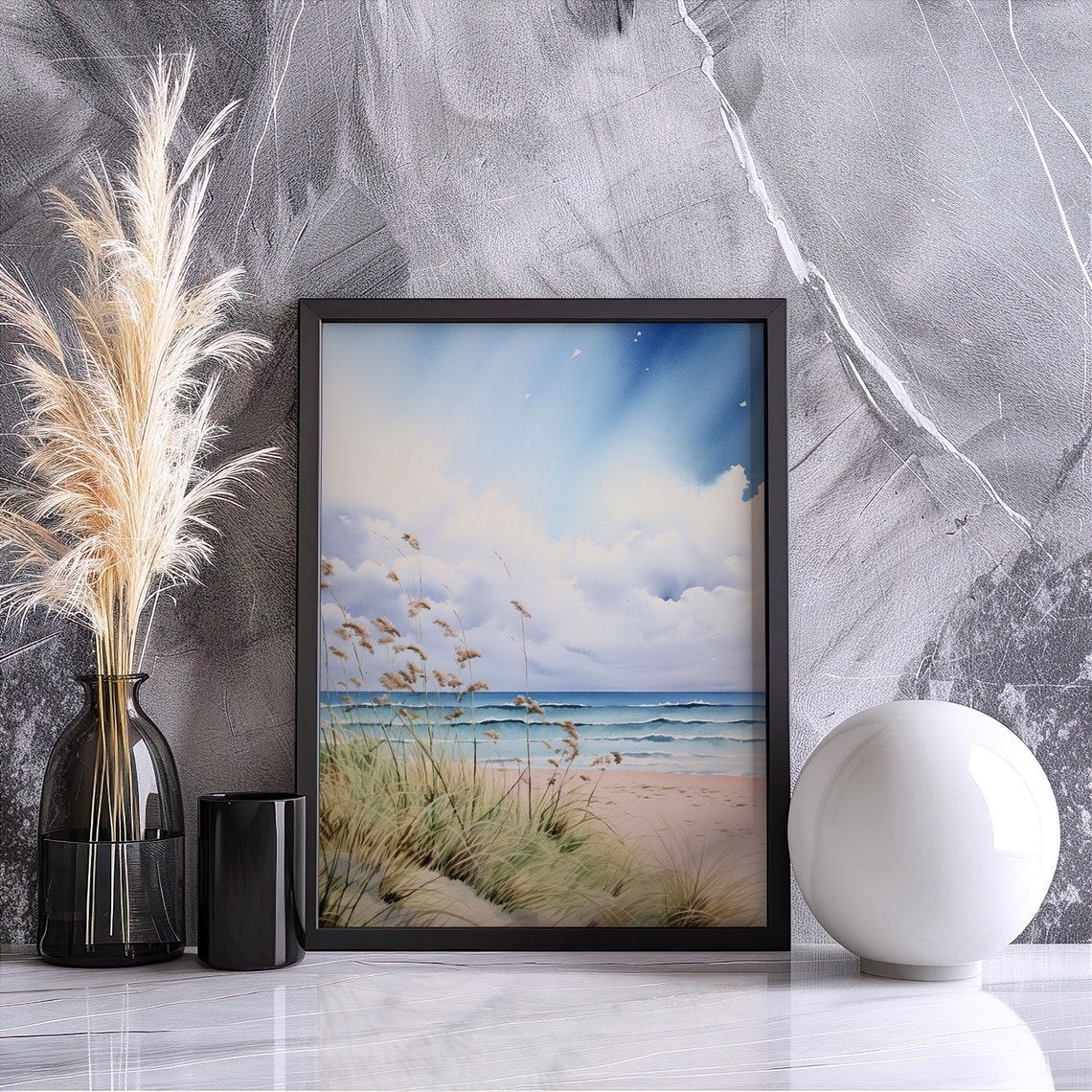 Beach Seashore Watercolor with Dune Grass Ocean Waves Poster - Image 3