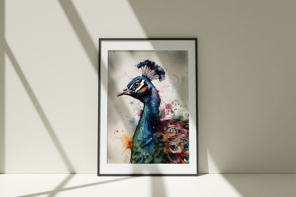Peacock Portrait Watercolor Iridescent Blue Bird Splash Poster - Image 5