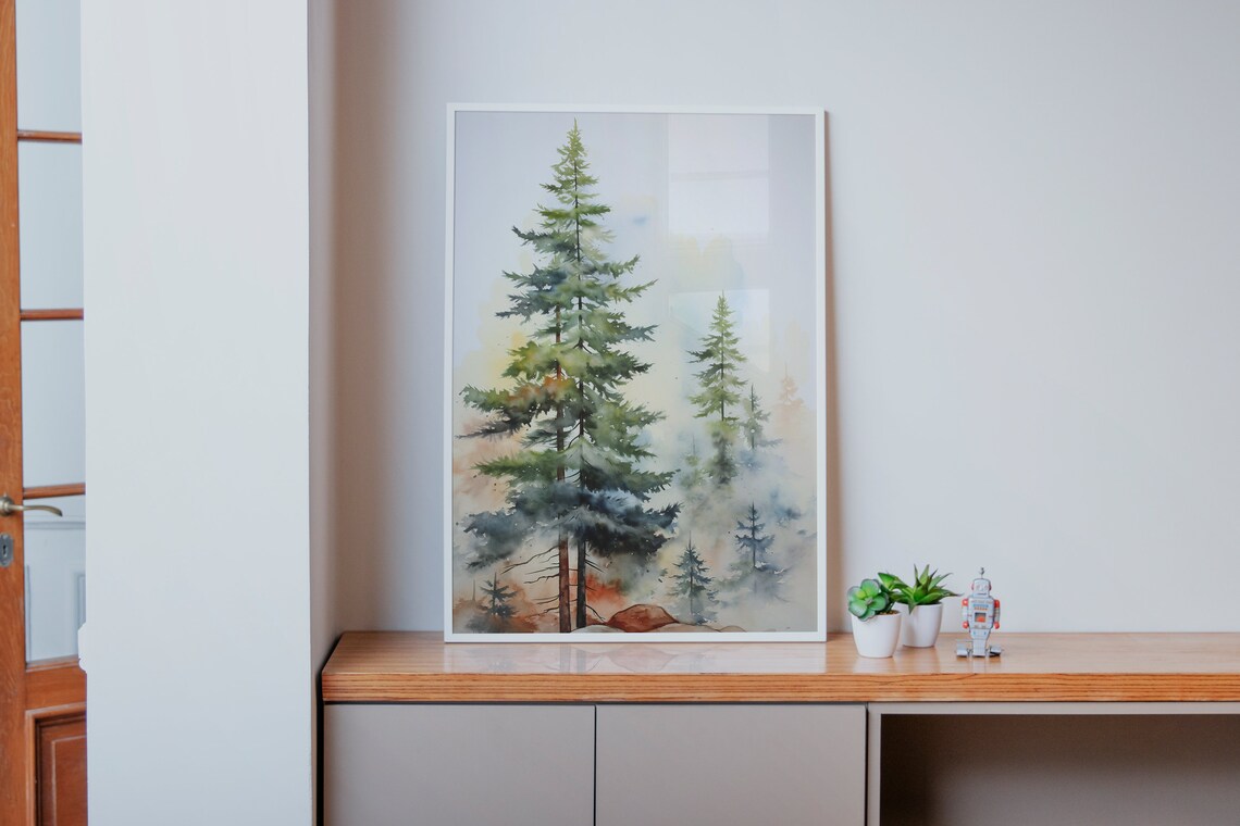 Tall Pines Golden Mist Watercolor Forest Dawn Woodland Art Poster - Image 2