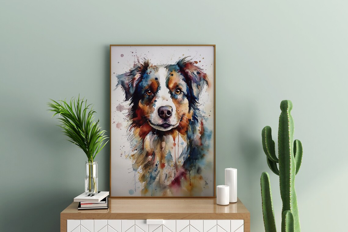 Australian Shepherd Watercolor Dog Portrait Colorful Pet Art Poster - Image 4