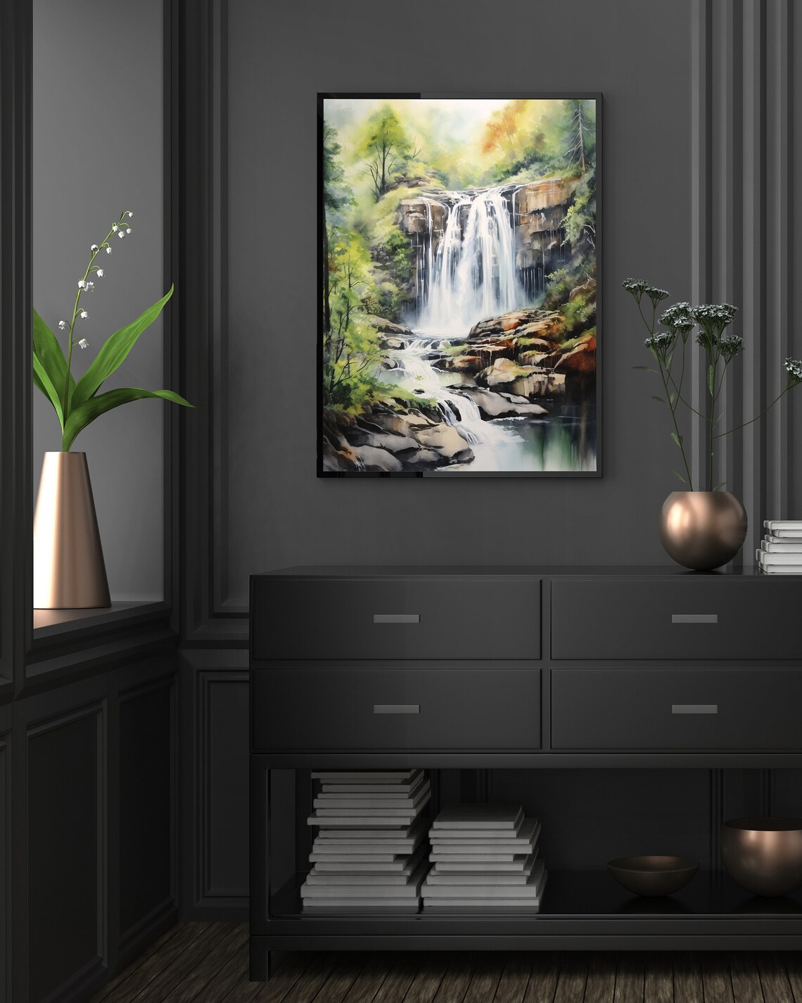 Lush Forest Waterfall Watercolor Painting Poster for Nature Lovers - Image 5