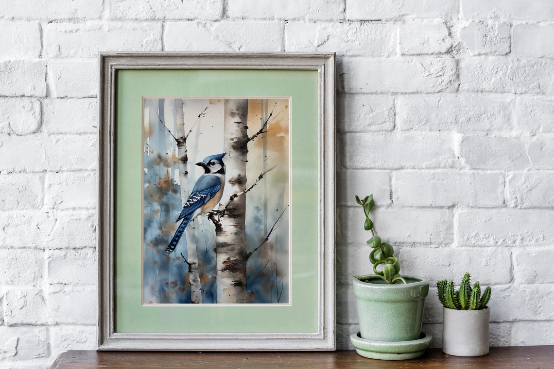 Blue Jay Watercolor Portrait Perched on Birch Branch Art Poster - Image 5