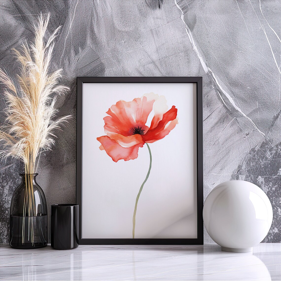 Coral Poppy Bloom Airy Watercolor Minimal Flower Illustration Poster - Image 3